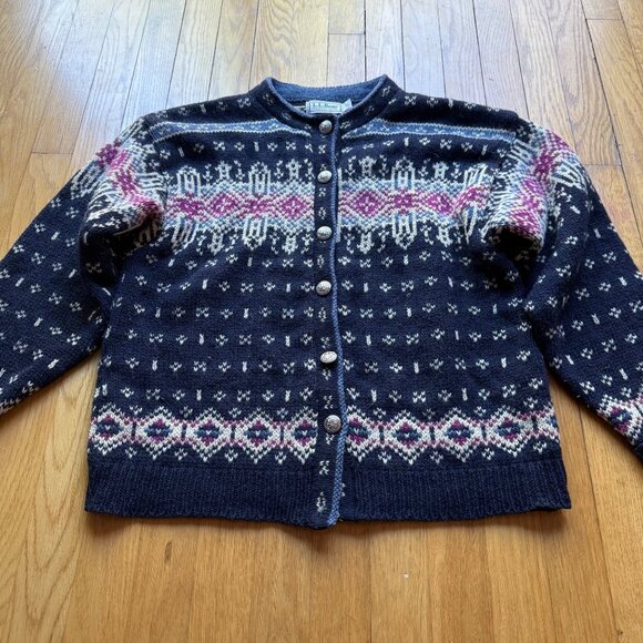 Vintage L.L. Bean Size M Navy Fair Isle Wool 90s Nordic Cardigan Sweater - Picture 5 of 15